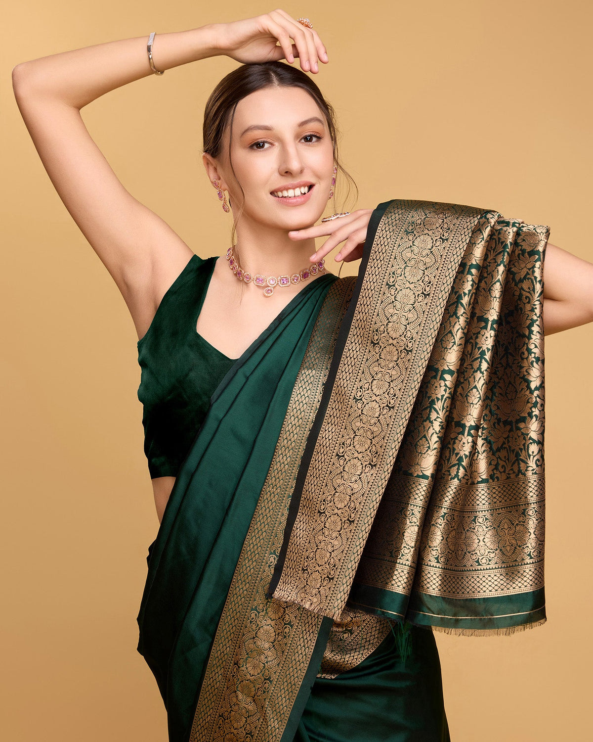 Vedant Vastram Soft Litchi Silk Banarasi Silk Saree - Green | Grocsy