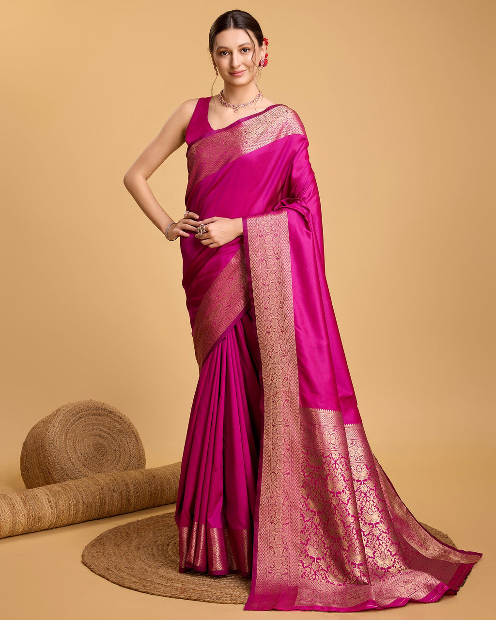 Vedant Vastram Soft Litchi Silk Banarasi Silk Saree - Magenta | Grocsy