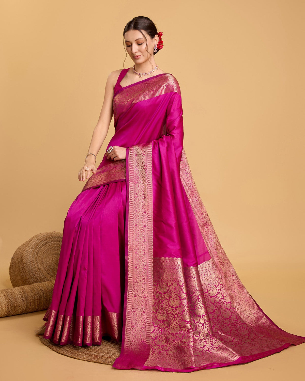 Vedant Vastram Soft Litchi Silk Banarasi Silk Saree - Magenta | Grocsy