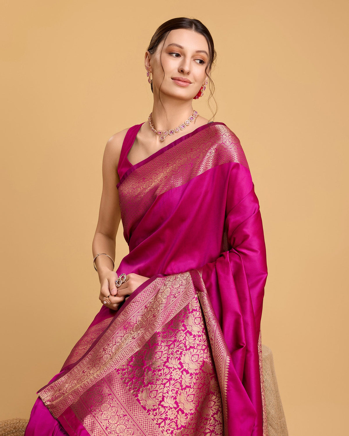 Vedant Vastram Soft Litchi Silk Banarasi Silk Saree - Magenta | Grocsy