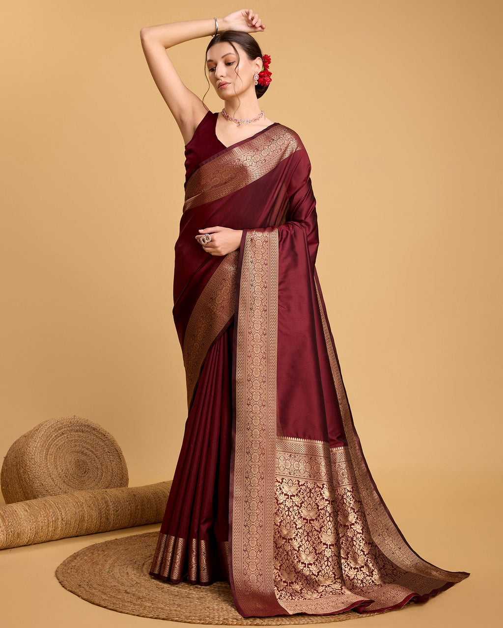 Vedant Vastram Soft Litchi Silk Banarasi Silk Saree - Maroon | Grocsy