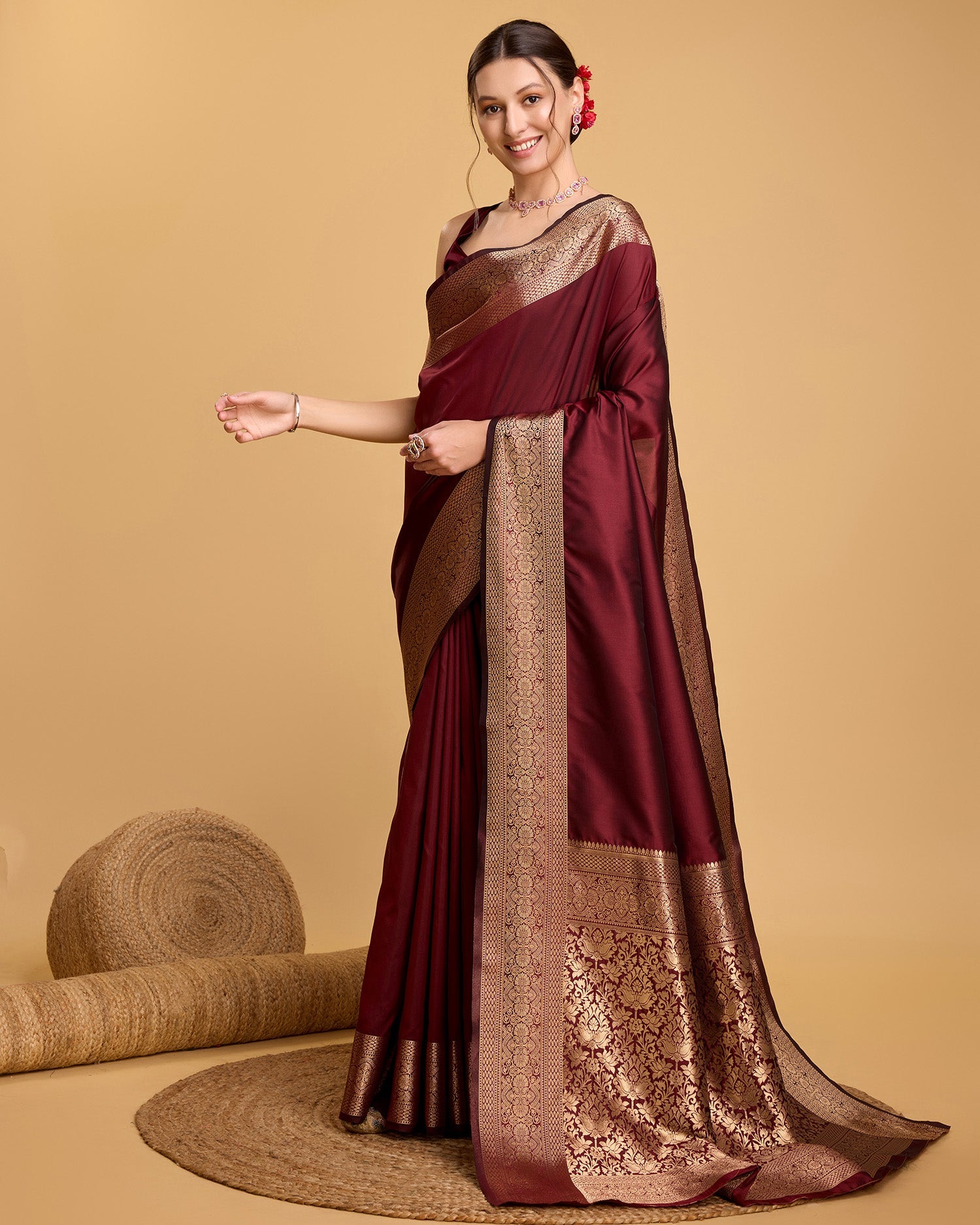Vedant Vastram Soft Litchi Silk Banarasi Silk Saree - Maroon | Grocsy