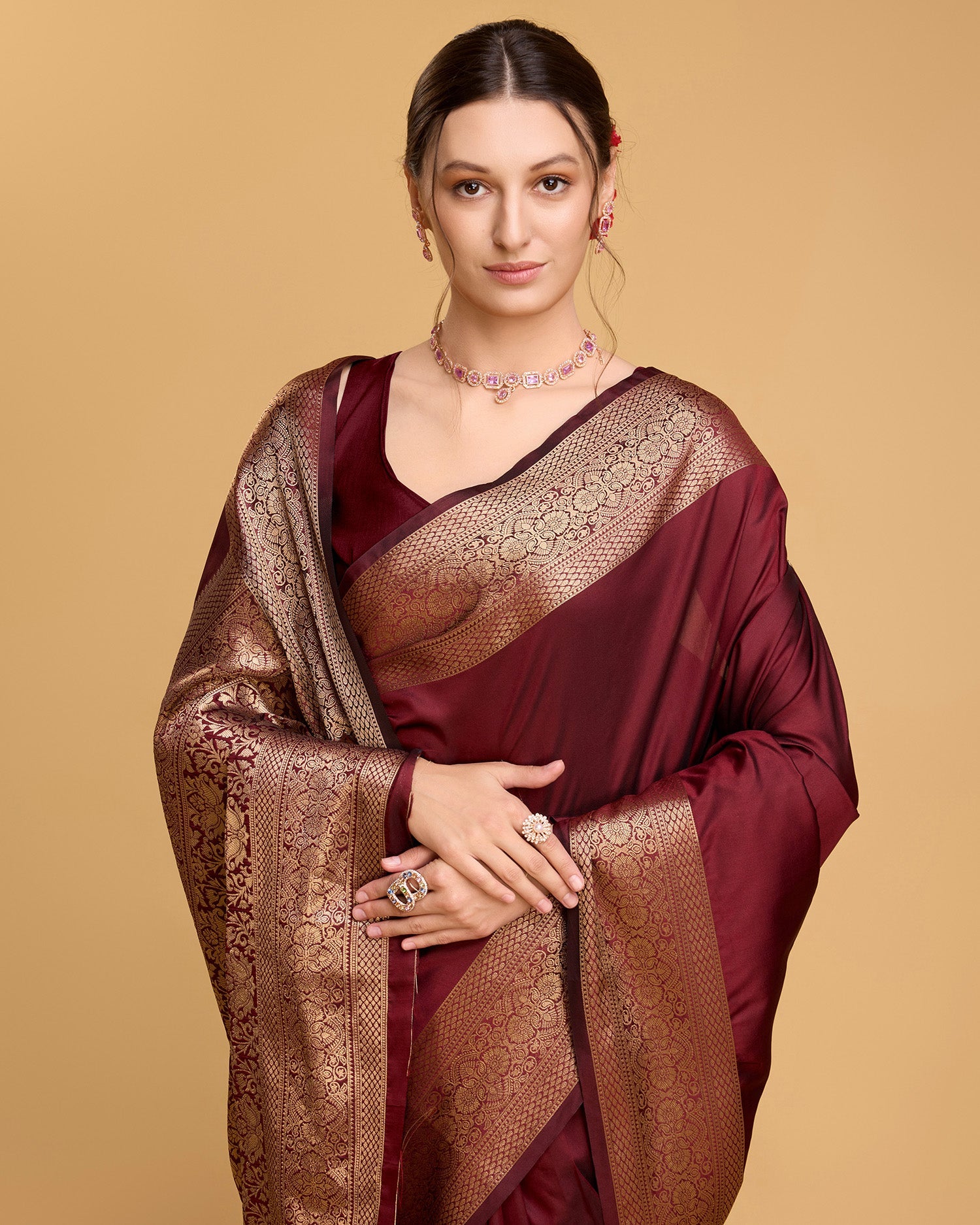 Vedant Vastram Soft Litchi Silk Banarasi Silk Saree - Maroon | Grocsy