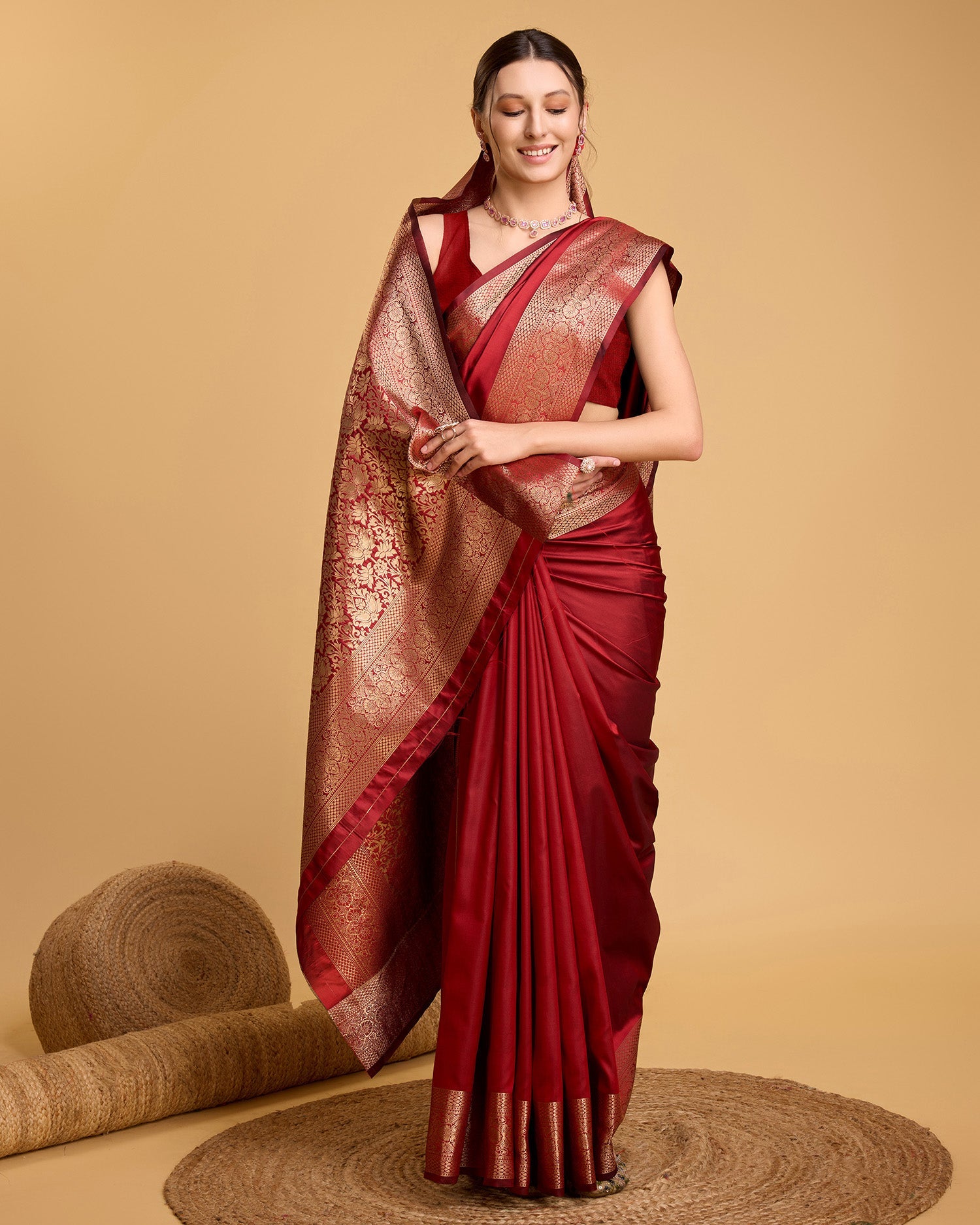 Vedant Vastram Soft Litchi Silk Banarasi Silk Saree - Red | Grocsy