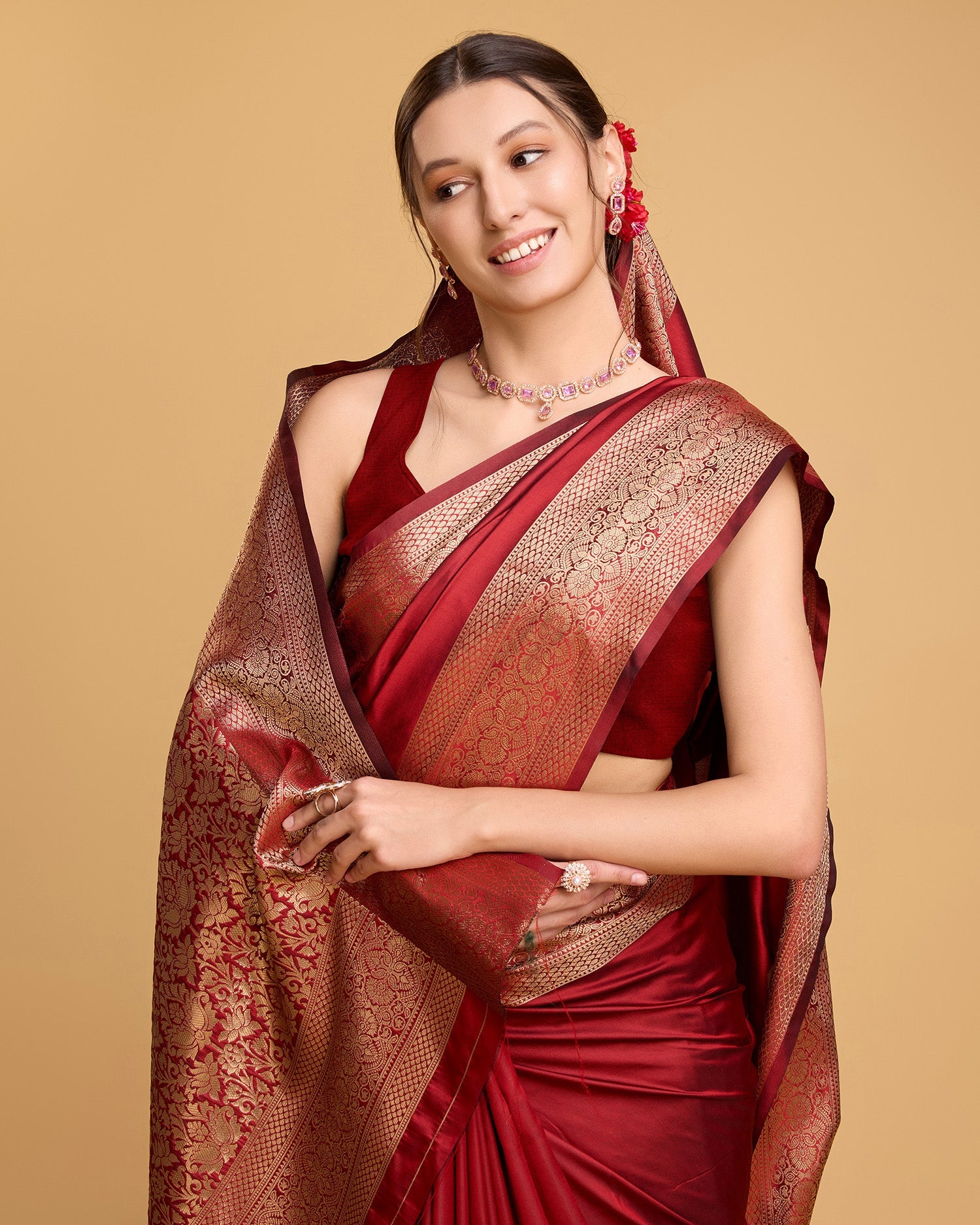 Vedant Vastram Soft Litchi Silk Banarasi Silk Saree - Red | Grocsy