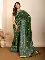 Vedant Vastram Maslin Dola Silk Kanjeevaram Silk Saree - Mahendi | Grocsy