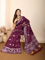 Vedant Vastram Maslin Dola Silk Kanjeevaram Silk Saree - Wine | Grocsy