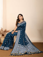 Vedant Vastram Maslin Dola Silk Kanjeevaram Silk Saree - Navy | Grocsy