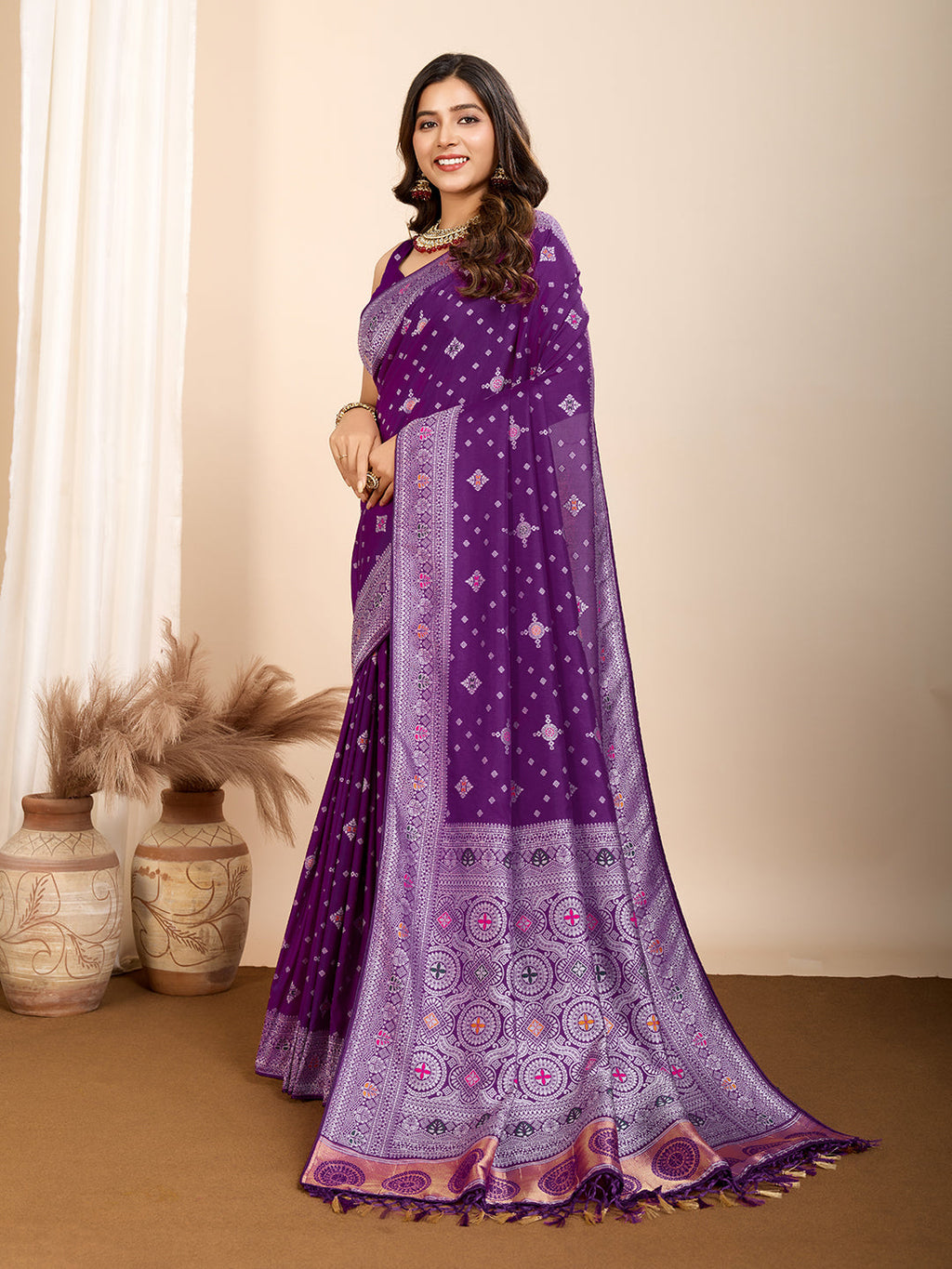 Vedant Vastram Maslin Dola Silk Kanjeevaram Silk Saree - Purple | Grocsy