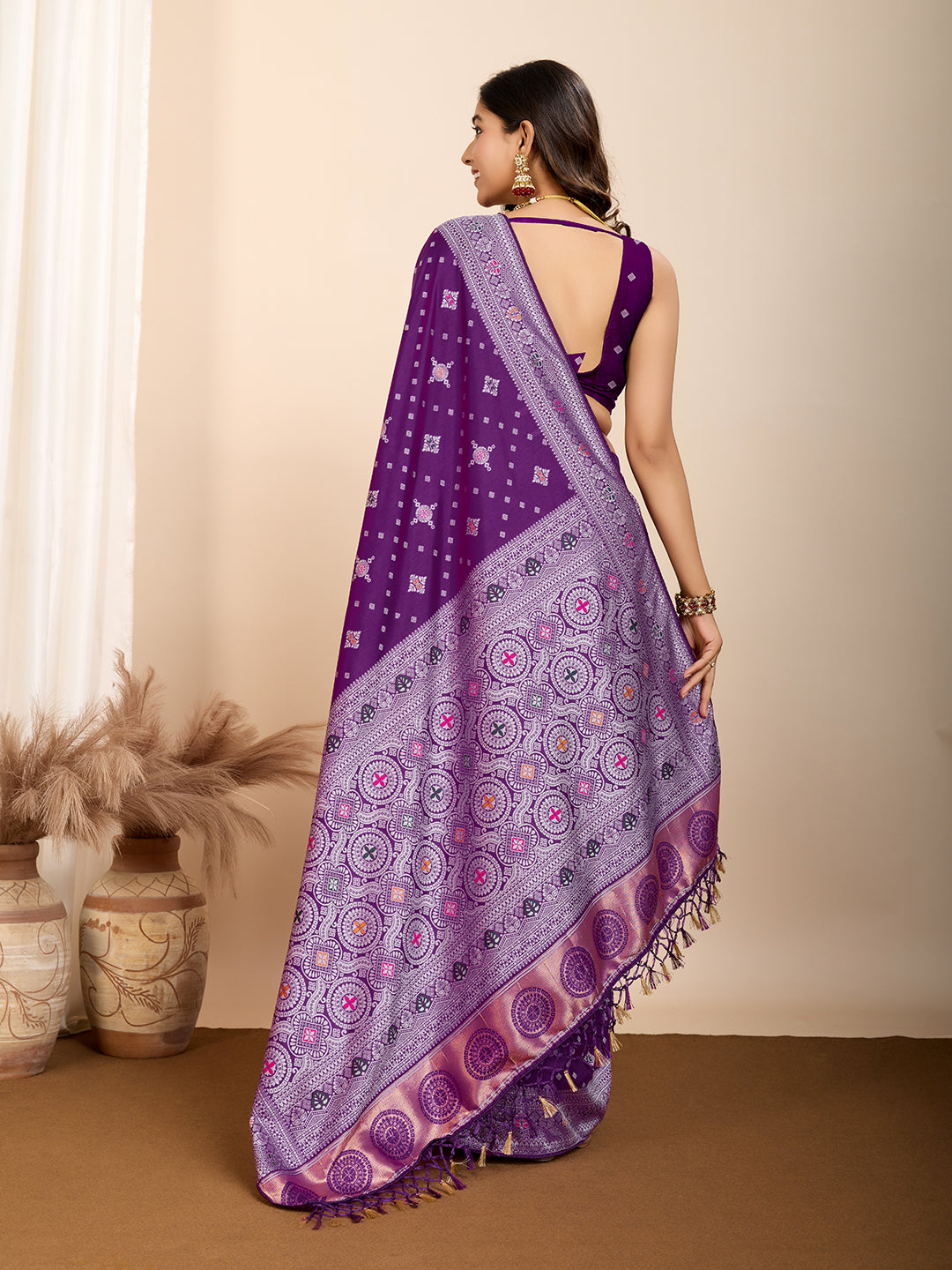 Vedant Vastram Maslin Dola Silk Kanjeevaram Silk Saree - Purple | Grocsy
