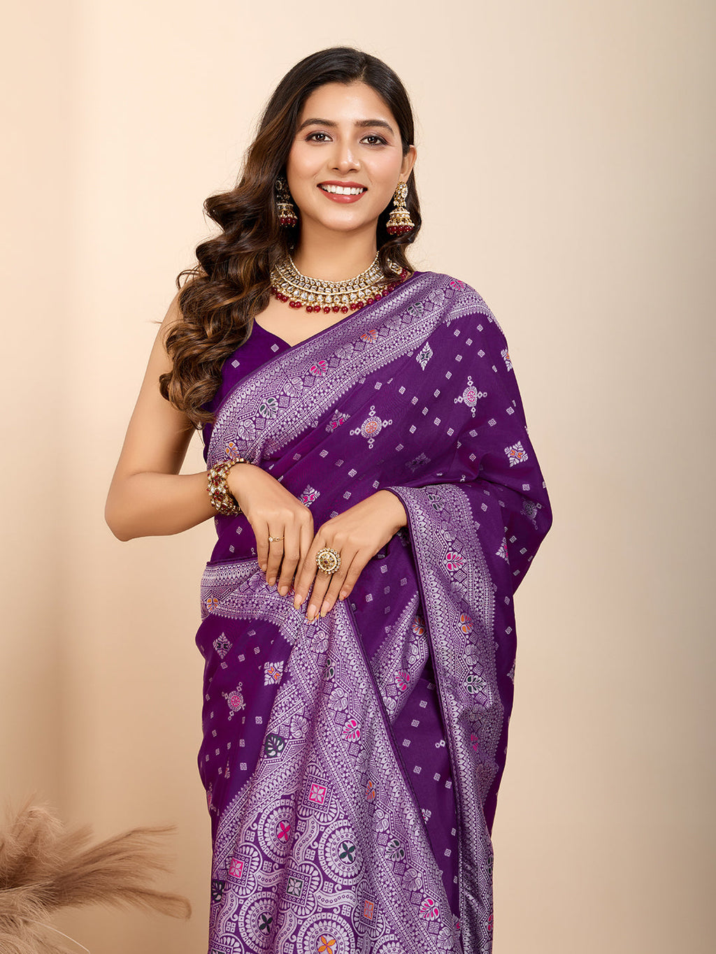 Vedant Vastram Maslin Dola Silk Kanjeevaram Silk Saree - Purple | Grocsy