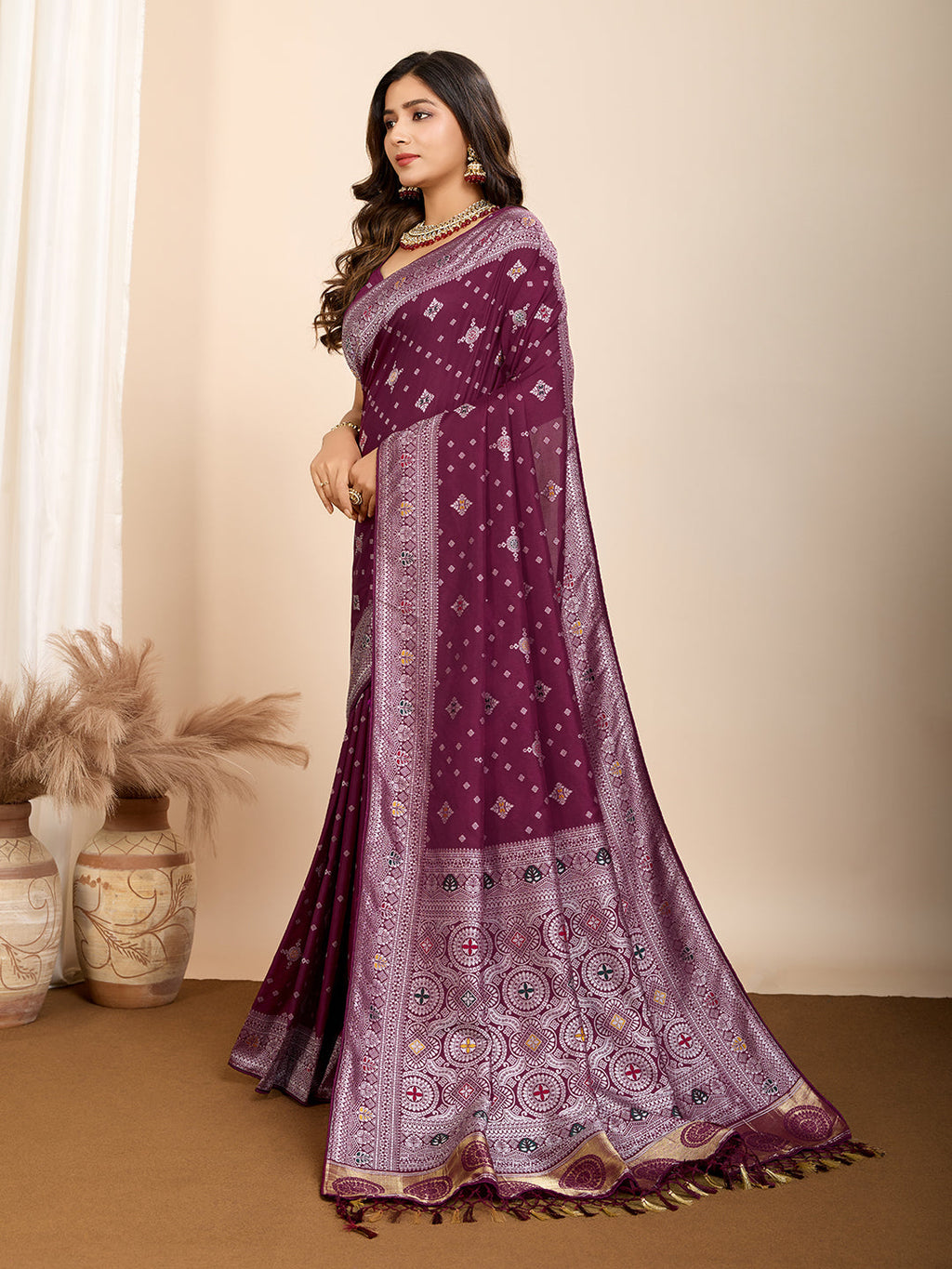 Vedant Vastram Maslin Dola Silk Kanjeevaram Silk Saree - Wine | Grocsy