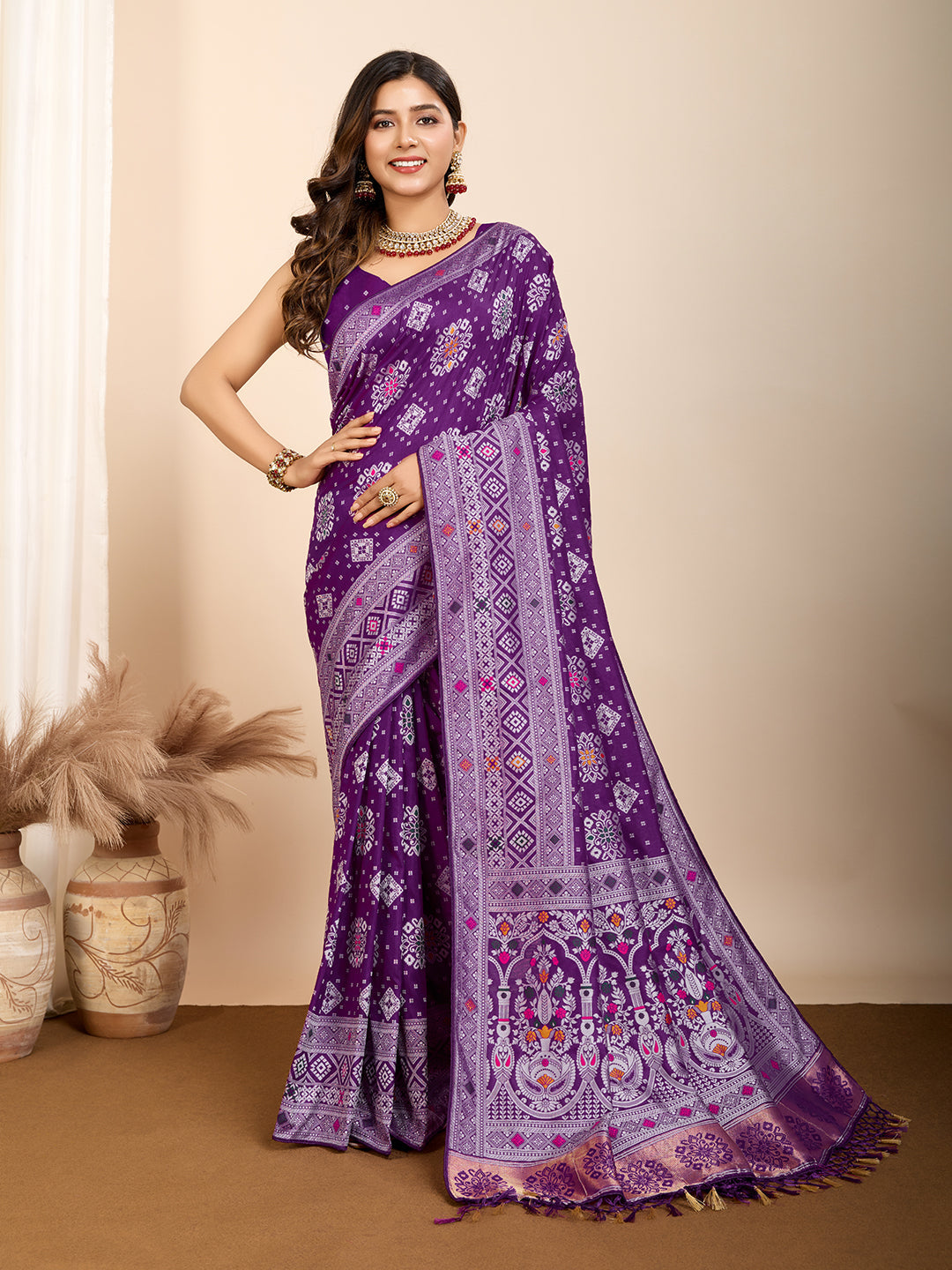 Vedant Vastram Maslin Dola Silk Kanjeevaram Silk Saree - Violet | Grocsy