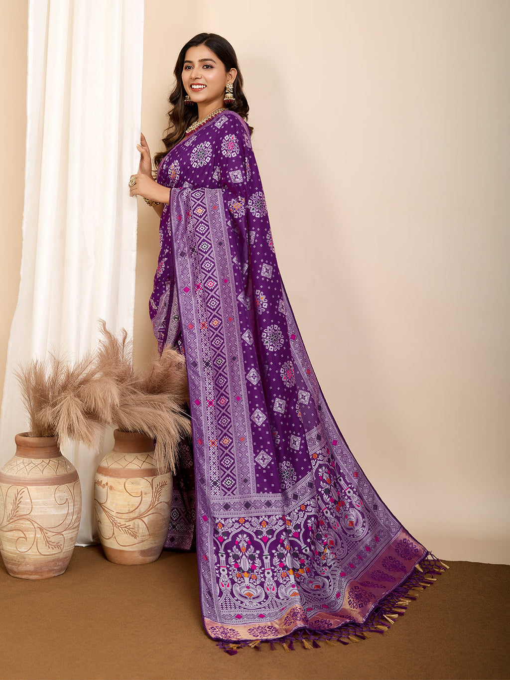 Vedant Vastram Maslin Dola Silk Kanjeevaram Silk Saree - Violet | Grocsy