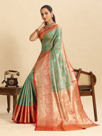 Vedant Vastram Soft Litchi Silk Kanjeevaram Silk Jacquard Saree - Green | Grocsy