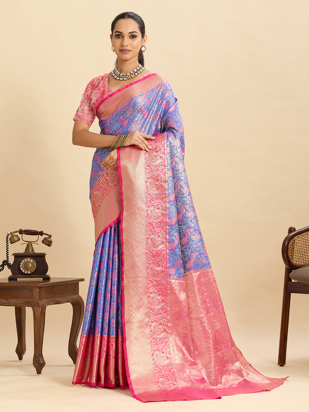 Vedant Vastram Soft Litchi Silk Kanjeevaram Silk Jacquard Saree - Lavender | Grocsy
