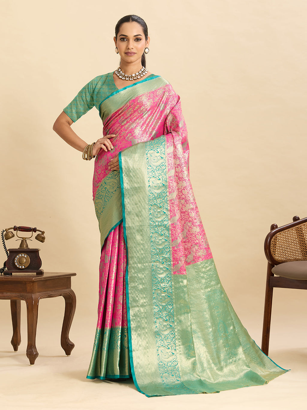 Vedant Vastram Soft Litchi Silk Kanjeevaram Silk Jacquard Saree - Peach | Grocsy