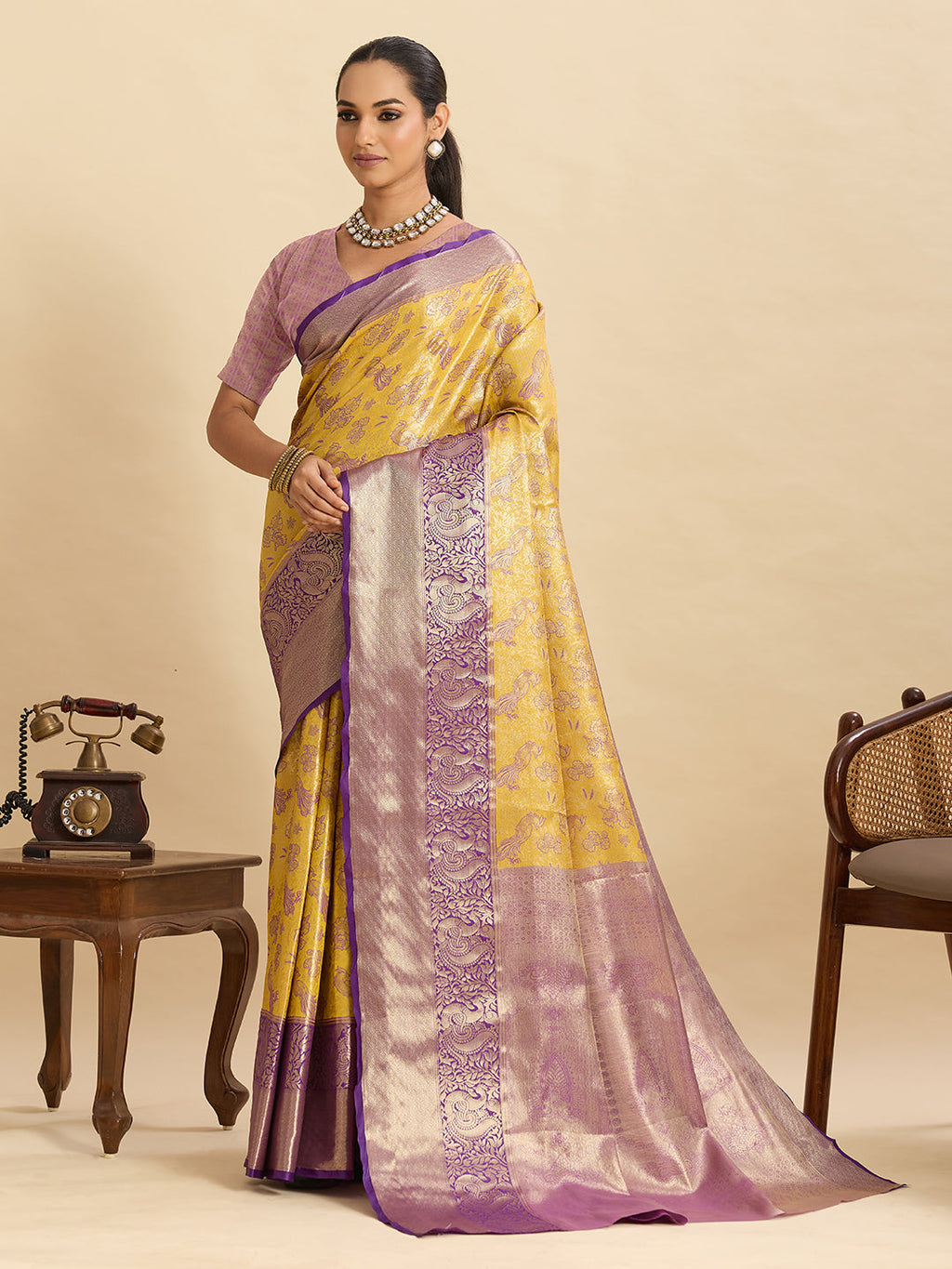 Vedant Vastram Soft Litchi Silk Kanjeevaram Silk Jacquard Saree - Yellow | Grocsy