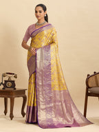 Vedant Vastram Soft Litchi Silk Kanjeevaram Silk Jacquard Saree - Yellow | Grocsy