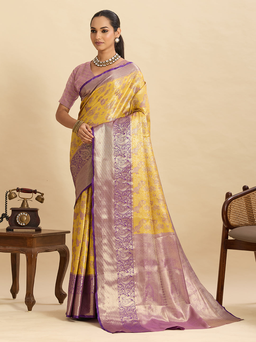 Vedant Vastram Soft Litchi Silk Kanjeevaram Silk Jacquard Saree - Yellow | Grocsy