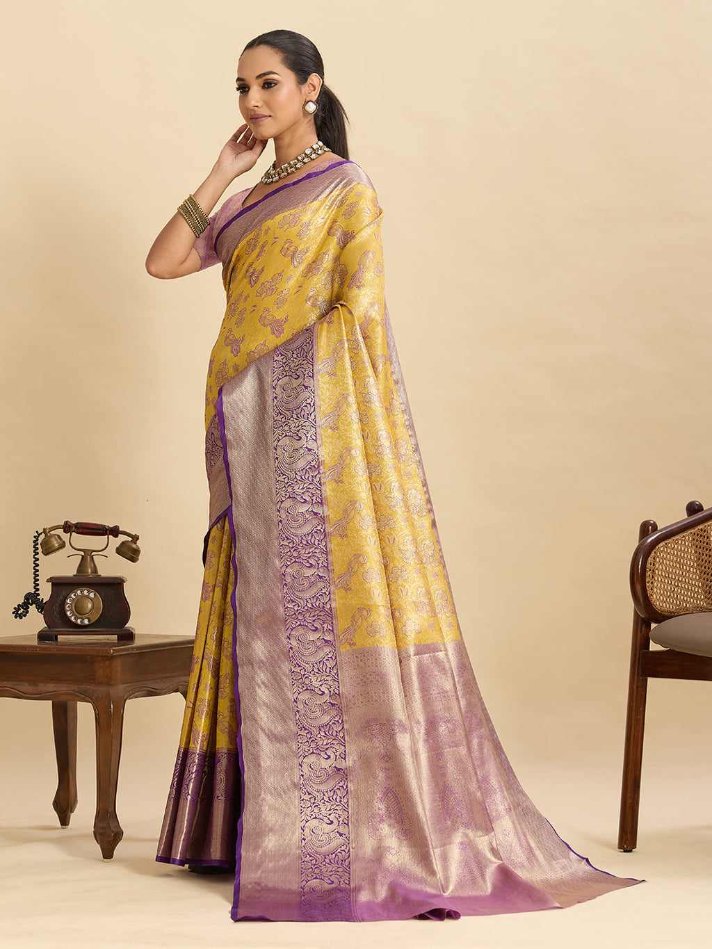 Vedant Vastram Soft Litchi Silk Kanjeevaram Silk Jacquard Saree - Yellow | Grocsy