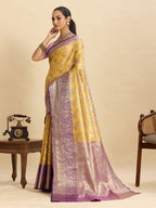 Vedant Vastram Soft Litchi Silk Kanjeevaram Silk Jacquard Saree - Yellow | Grocsy