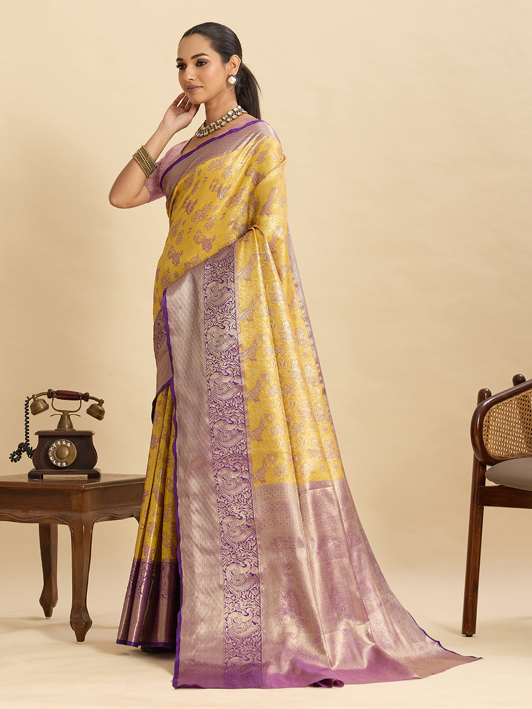Vedant Vastram Soft Litchi Silk Kanjeevaram Silk Jacquard Saree - Yellow | Grocsy