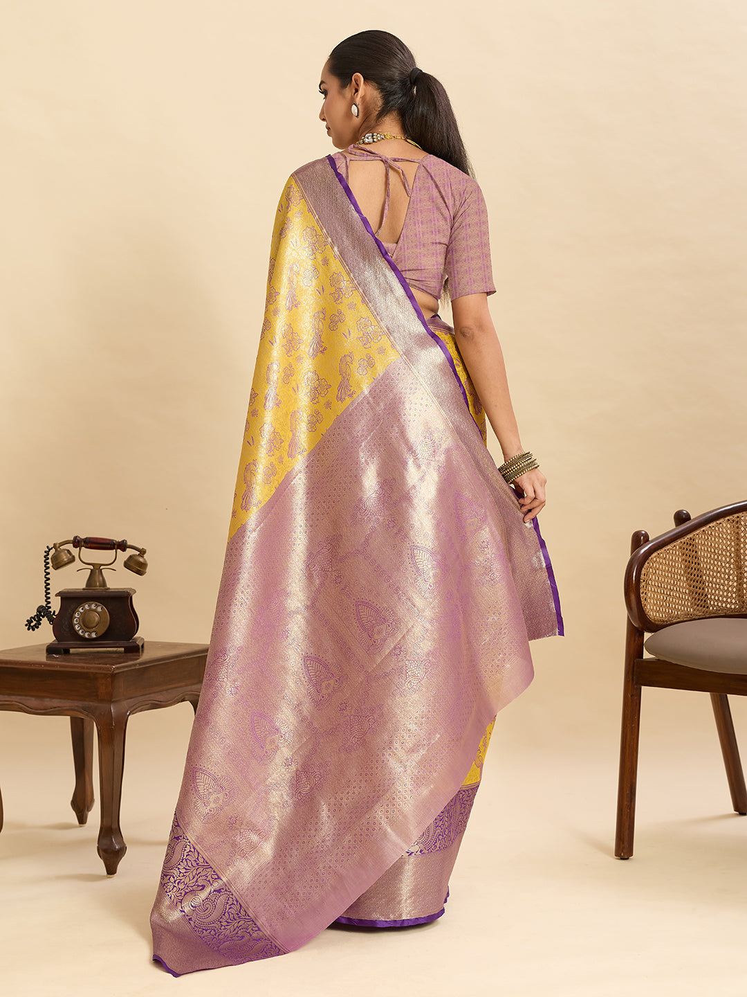 Vedant Vastram Soft Litchi Silk Kanjeevaram Silk Jacquard Saree - Yellow | Grocsy