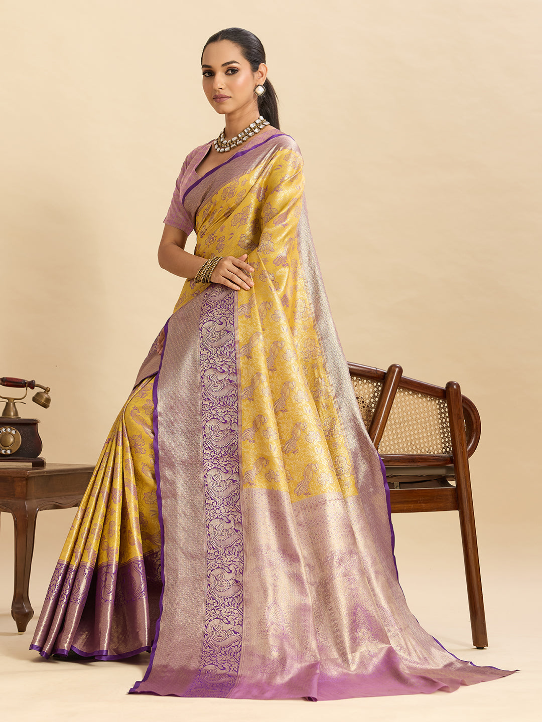 Vedant Vastram Soft Litchi Silk Kanjeevaram Silk Jacquard Saree - Yellow | Grocsy