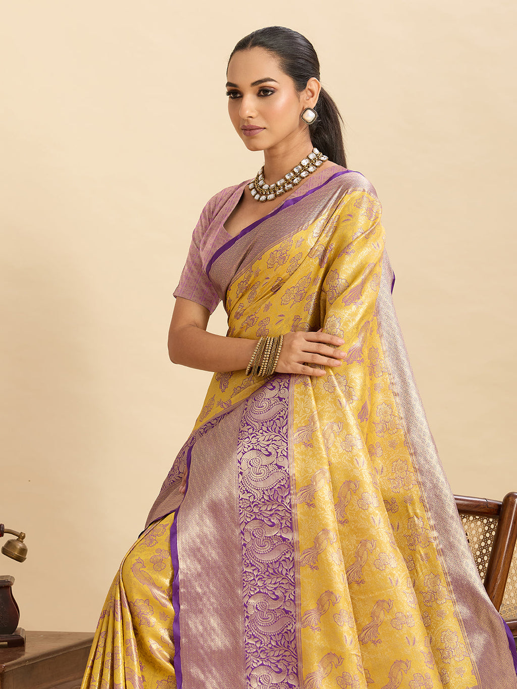 Vedant Vastram Soft Litchi Silk Kanjeevaram Silk Jacquard Saree - Yellow | Grocsy