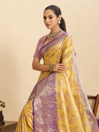 Vedant Vastram Soft Litchi Silk Kanjeevaram Silk Jacquard Saree - Yellow | Grocsy
