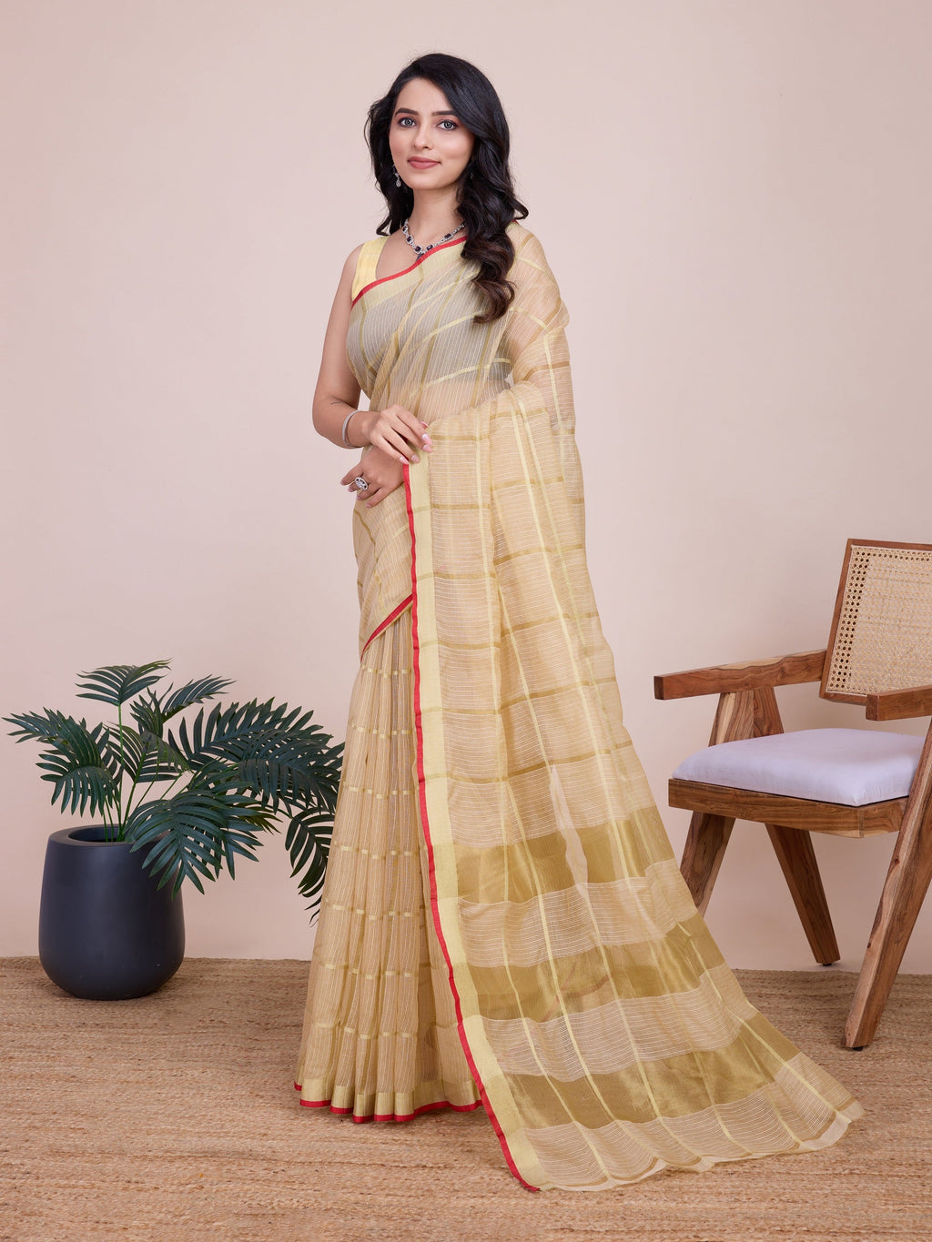 Vedant Vastram Cotton Silk Jacquard Fancy Saree - Cream | Grocsy