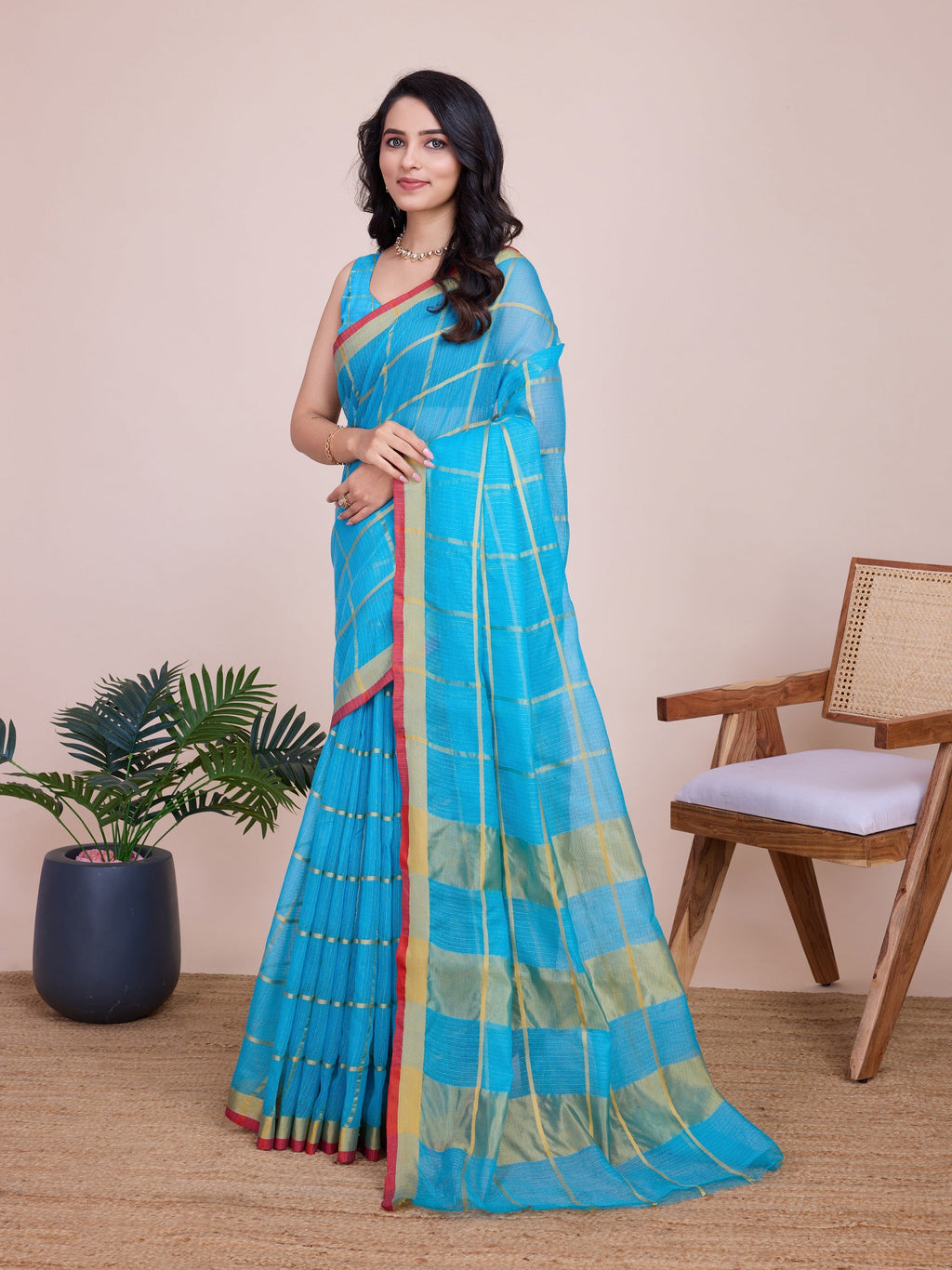 Vedant Vastram Cotton Silk Jacquard Fancy Saree - Firozi | Grocsy