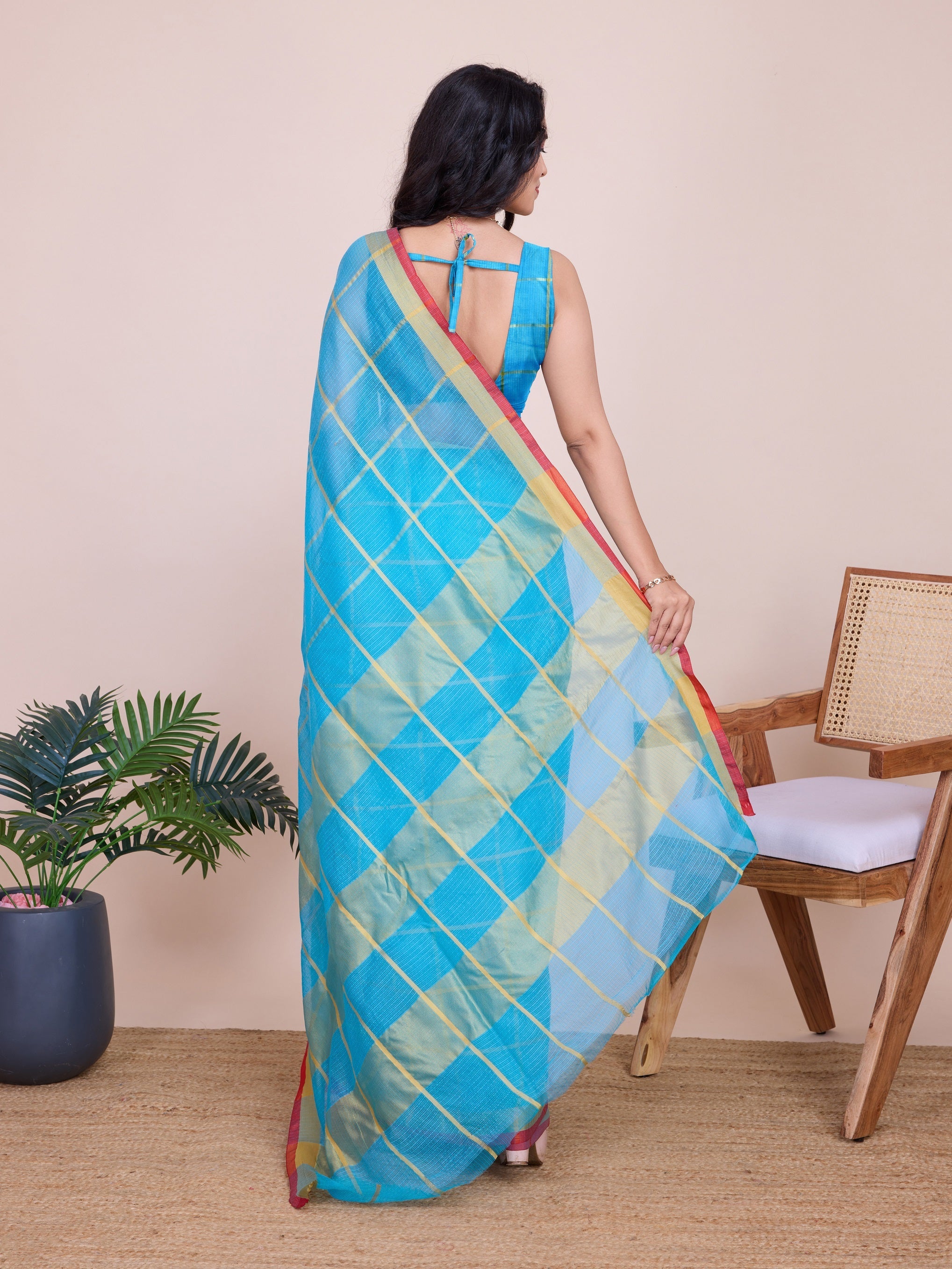 Vedant Vastram Cotton Silk Jacquard Fancy Saree - Firozi | Grocsy