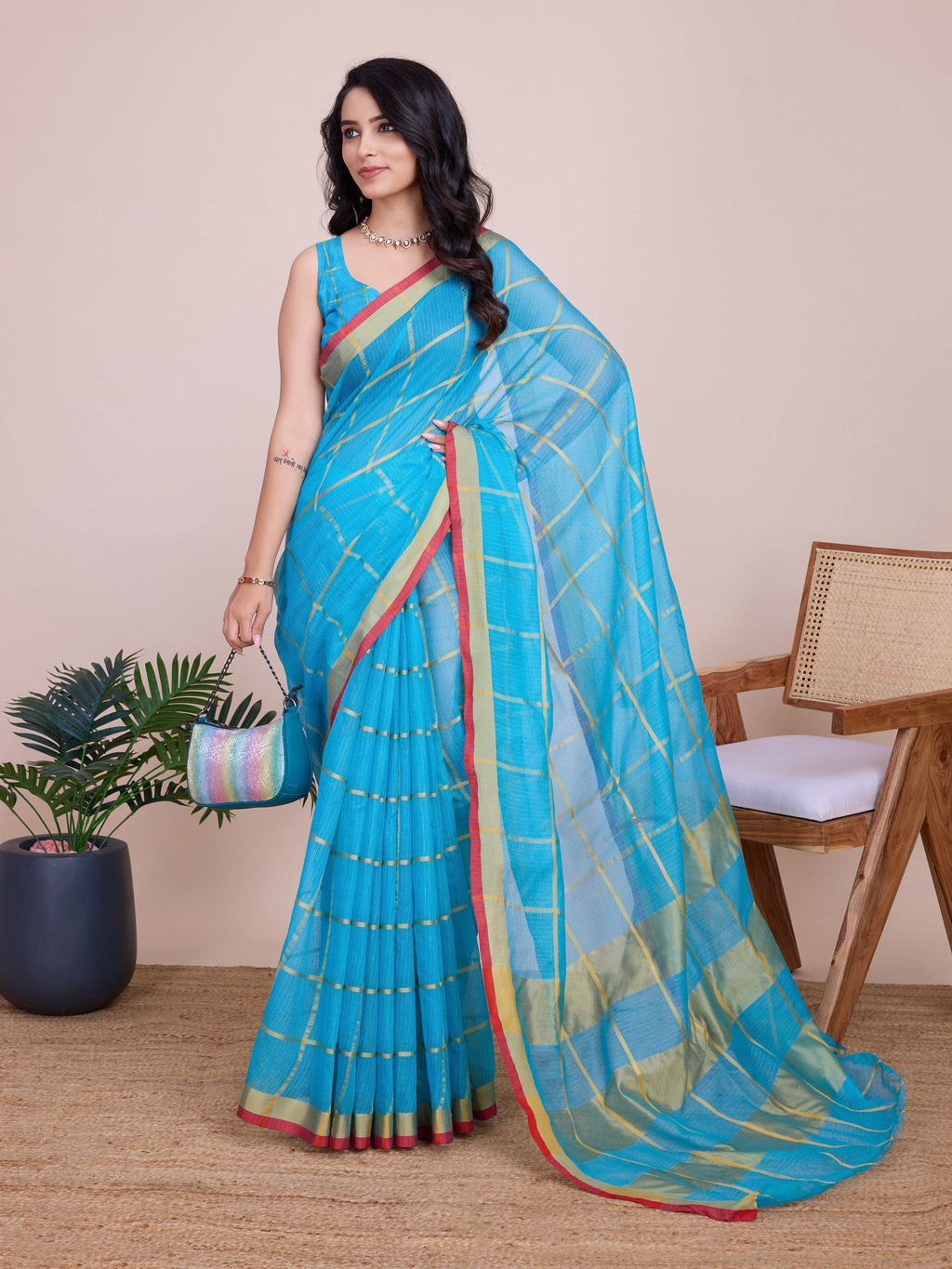Vedant Vastram Cotton Silk Jacquard Fancy Saree - Firozi | Grocsy