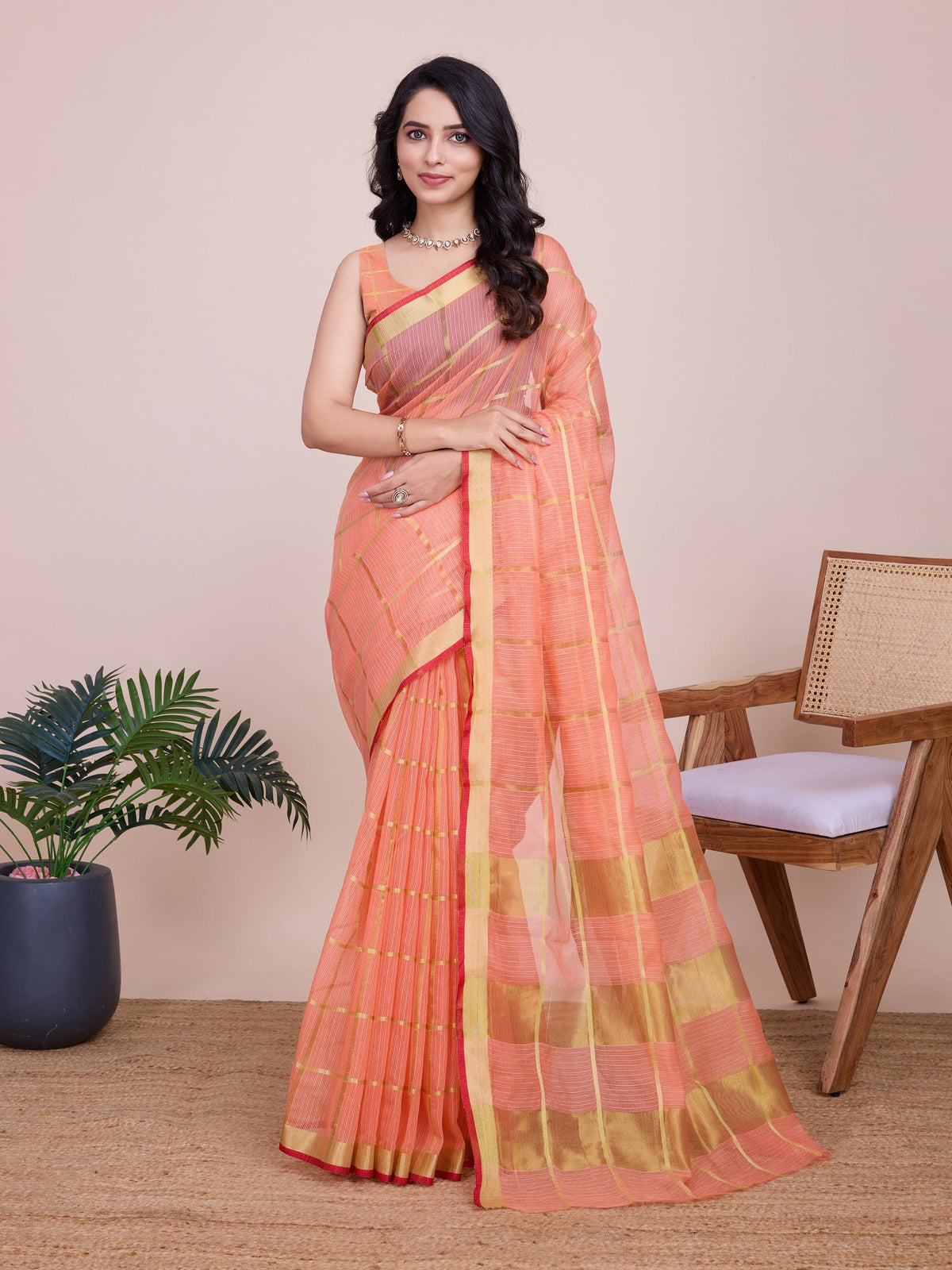 Vedant Vastram Cotton Silk Jacquard Fancy Saree - Peach | Grocsy