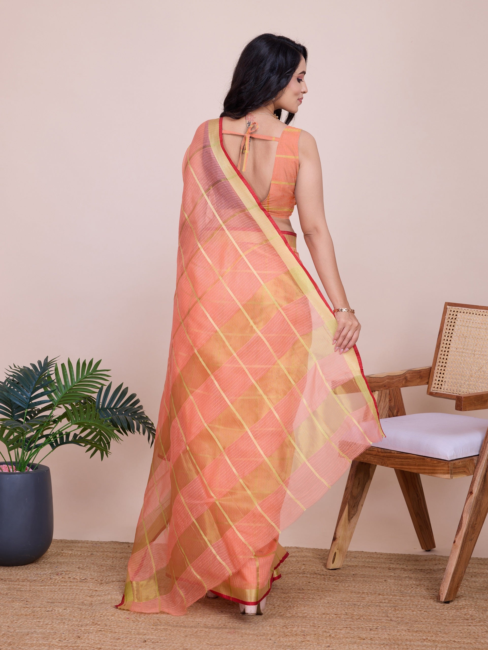 Vedant Vastram Cotton Silk Jacquard Fancy Saree - Peach | Grocsy