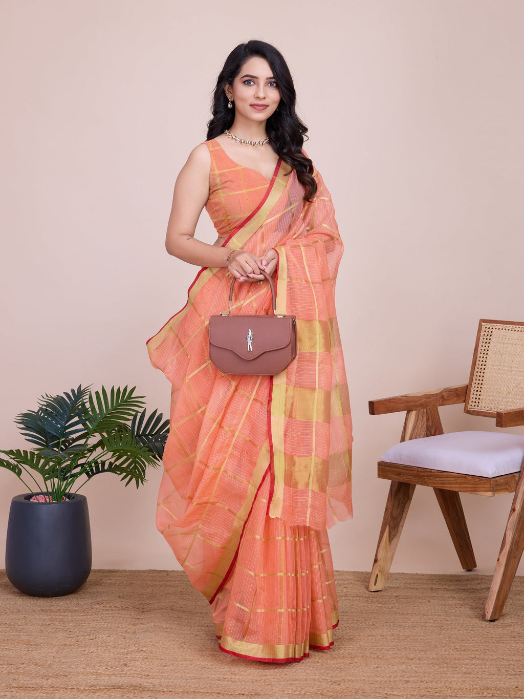 Vedant Vastram Cotton Silk Jacquard Fancy Saree - Peach | Grocsy