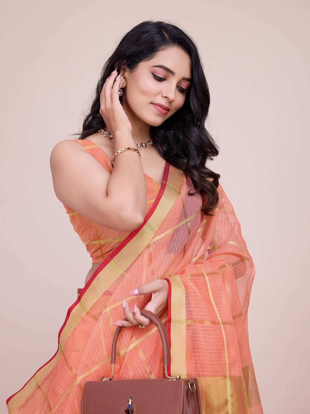 Vedant Vastram Cotton Silk Jacquard Fancy Saree - Peach | Grocsy