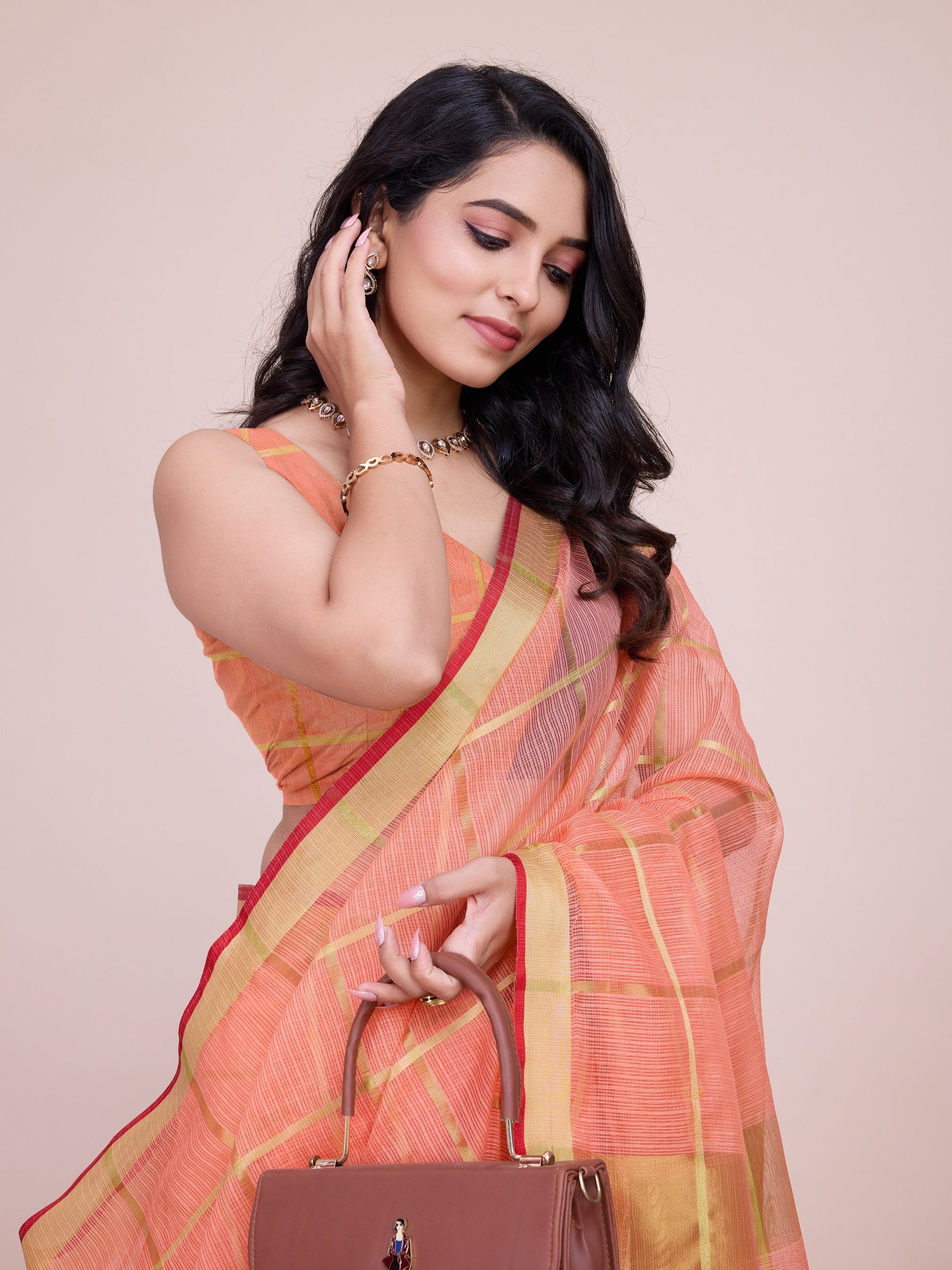 Vedant Vastram Cotton Silk Jacquard Fancy Saree - Peach | Grocsy