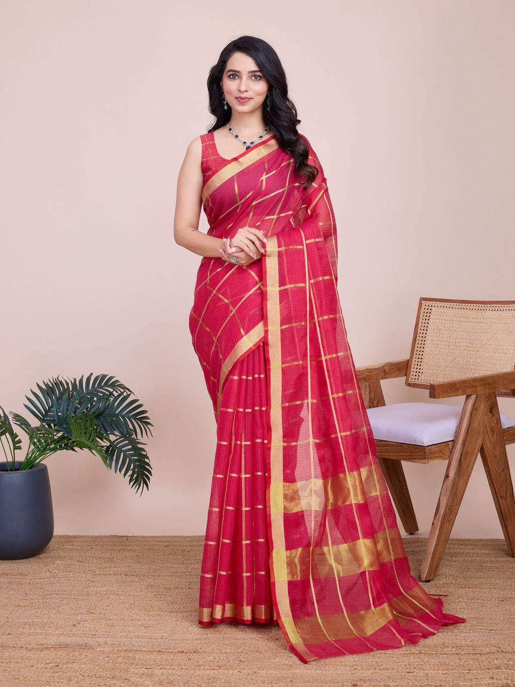 Vedant Vastram Cotton Silk Jacquard Fancy Saree - Pink | Grocsy