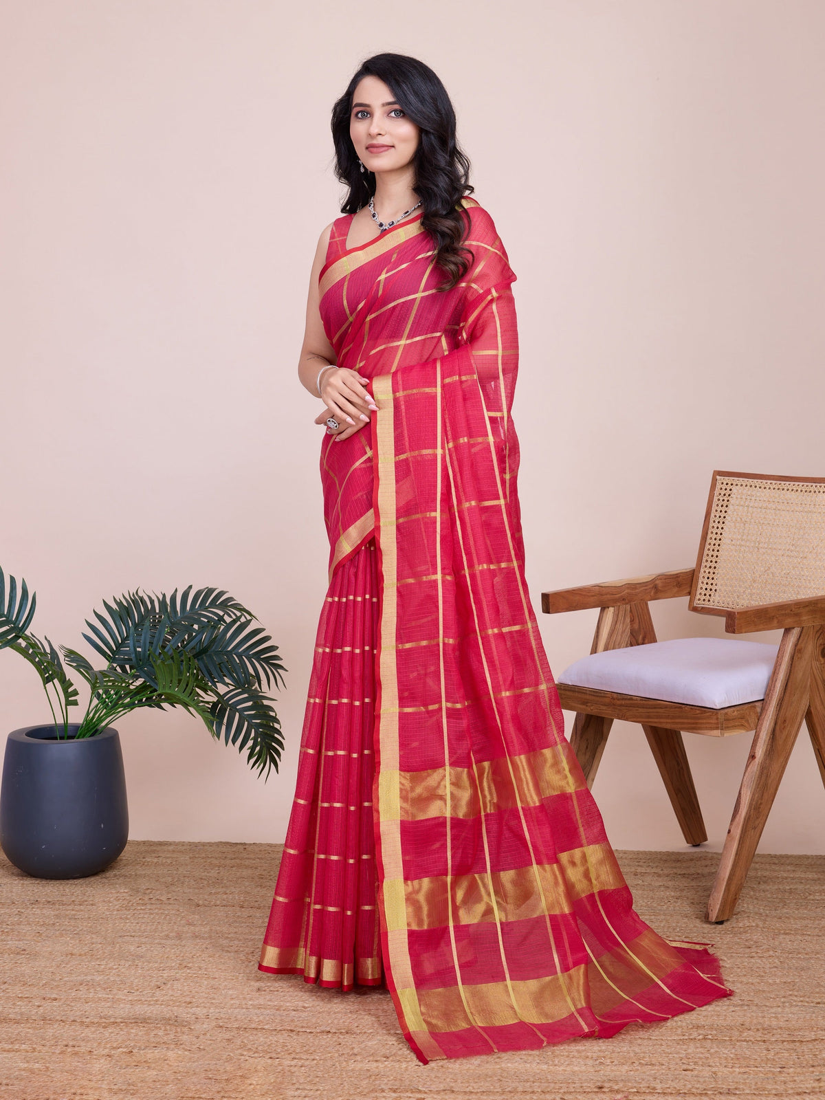 Vedant Vastram Cotton Silk Jacquard Fancy Saree - Pink | Grocsy