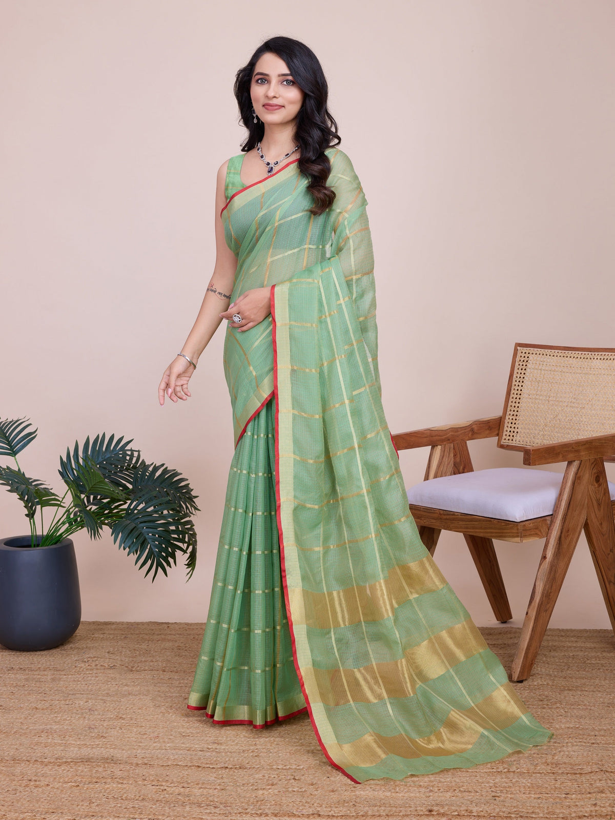 Vedant Vastram Cotton Silk Jacquard Fancy Saree - Pista | Grocsy