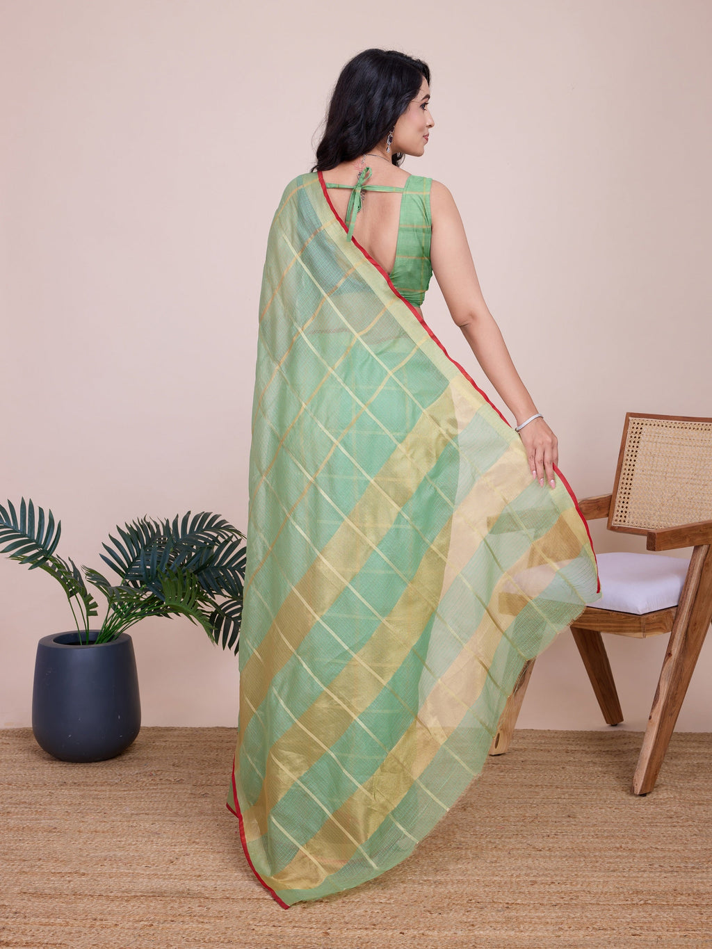 Vedant Vastram Cotton Silk Jacquard Fancy Saree - Pista | Grocsy