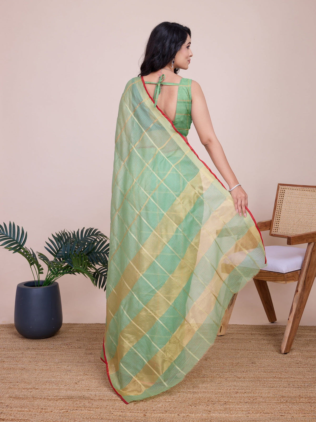 Vedant Vastram Cotton Silk Jacquard Fancy Saree - Pista | Grocsy