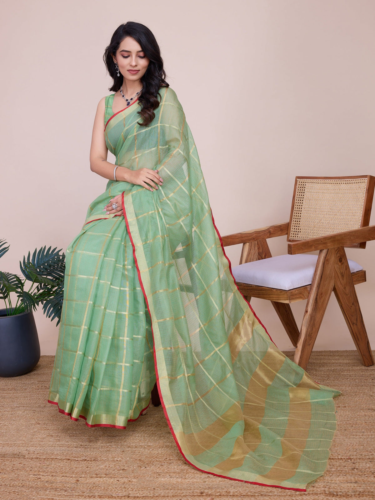 Vedant Vastram Cotton Silk Jacquard Fancy Saree - Pista | Grocsy