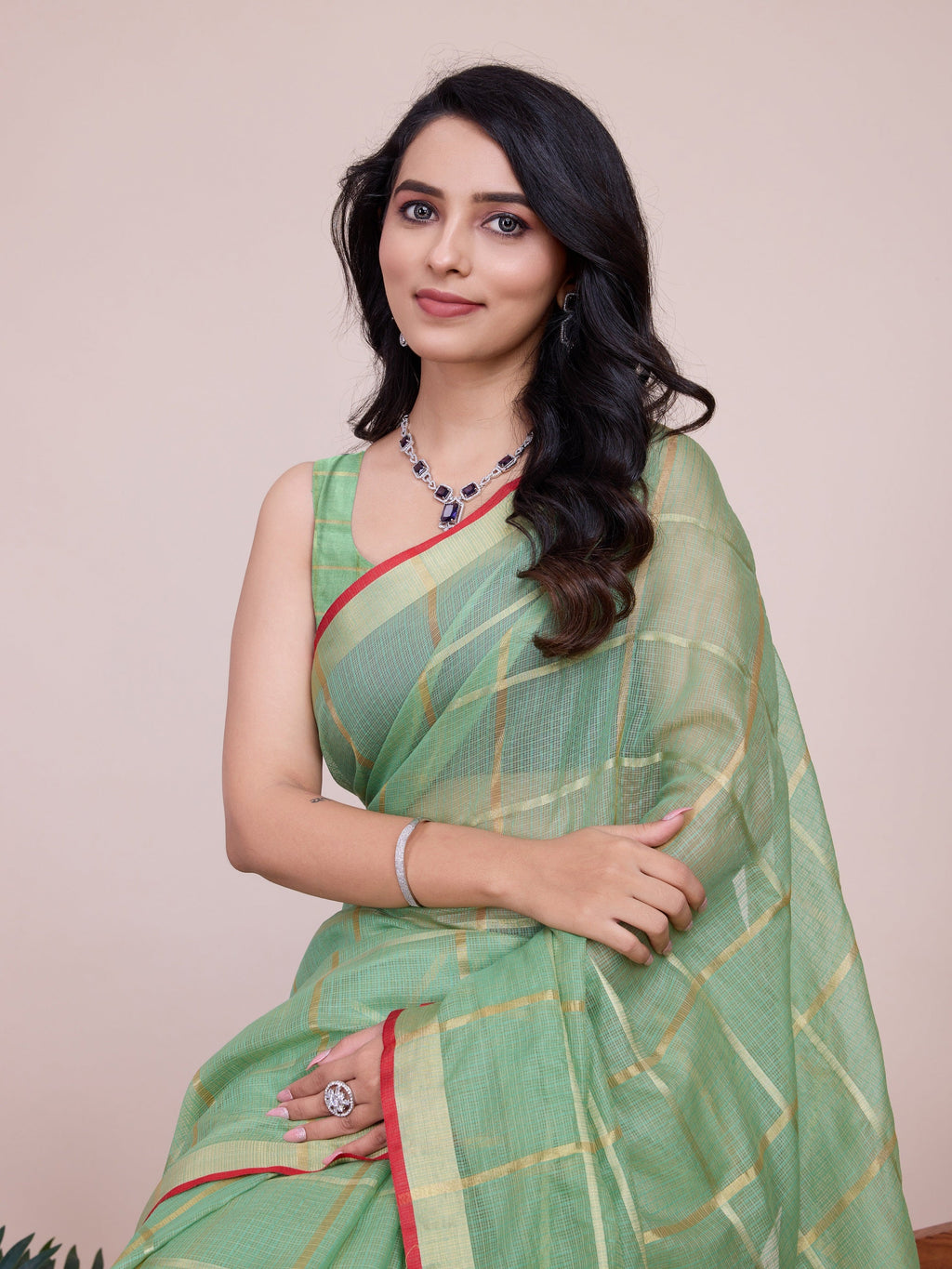 Vedant Vastram Cotton Silk Jacquard Fancy Saree - Pista | Grocsy