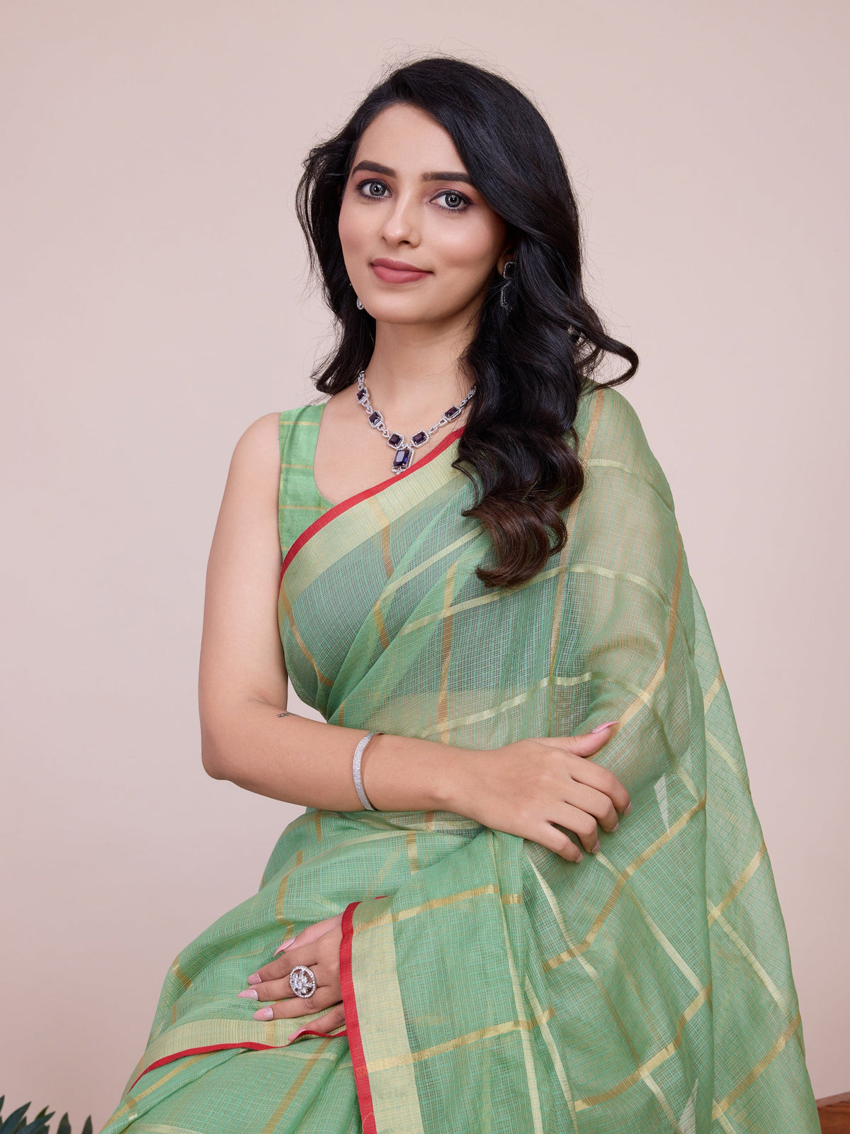 Vedant Vastram Cotton Silk Jacquard Fancy Saree - Pista | Grocsy