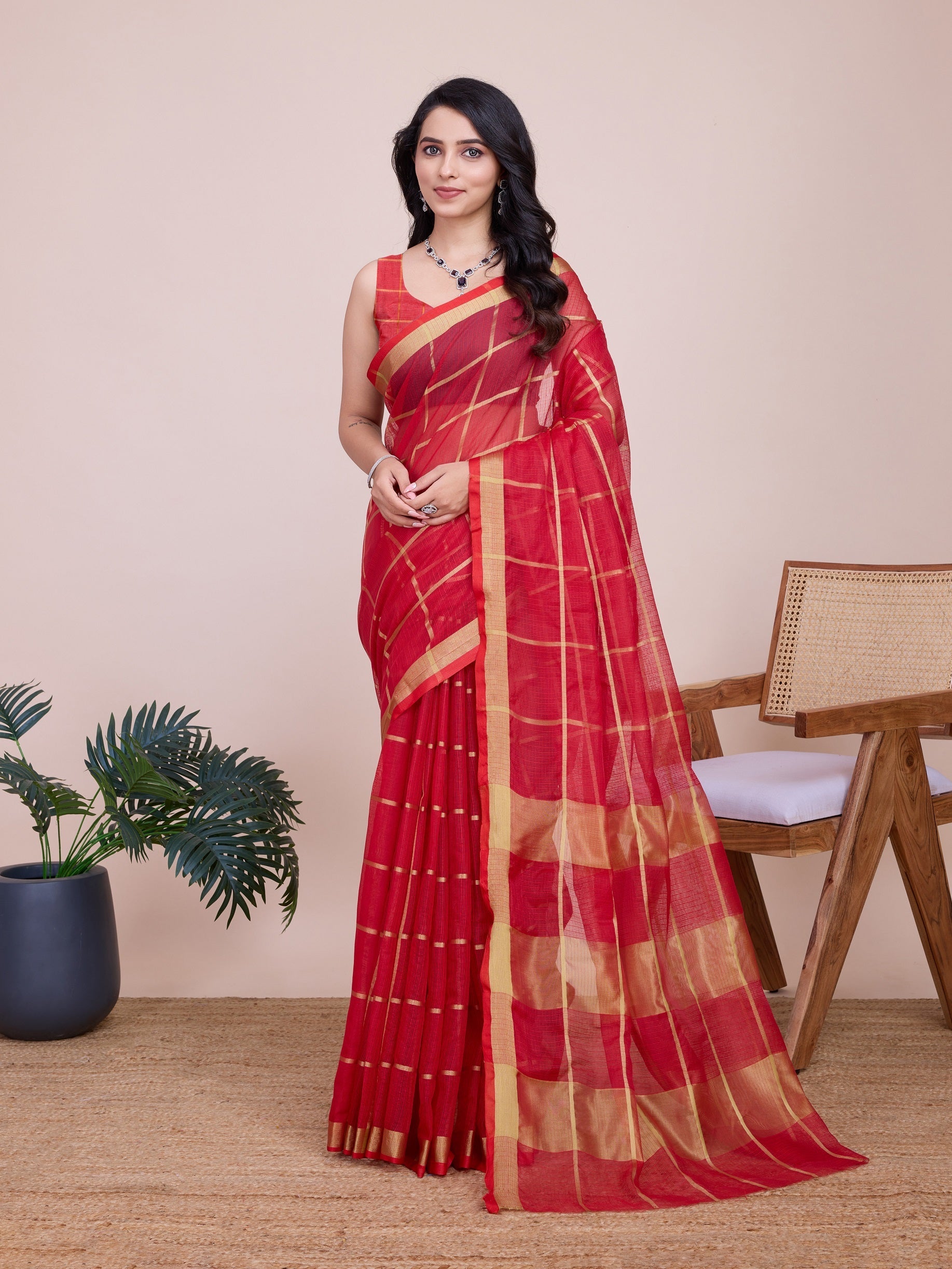 Vedant Vastram Cotton Silk Jacquard Fancy Saree - Red | Grocsy