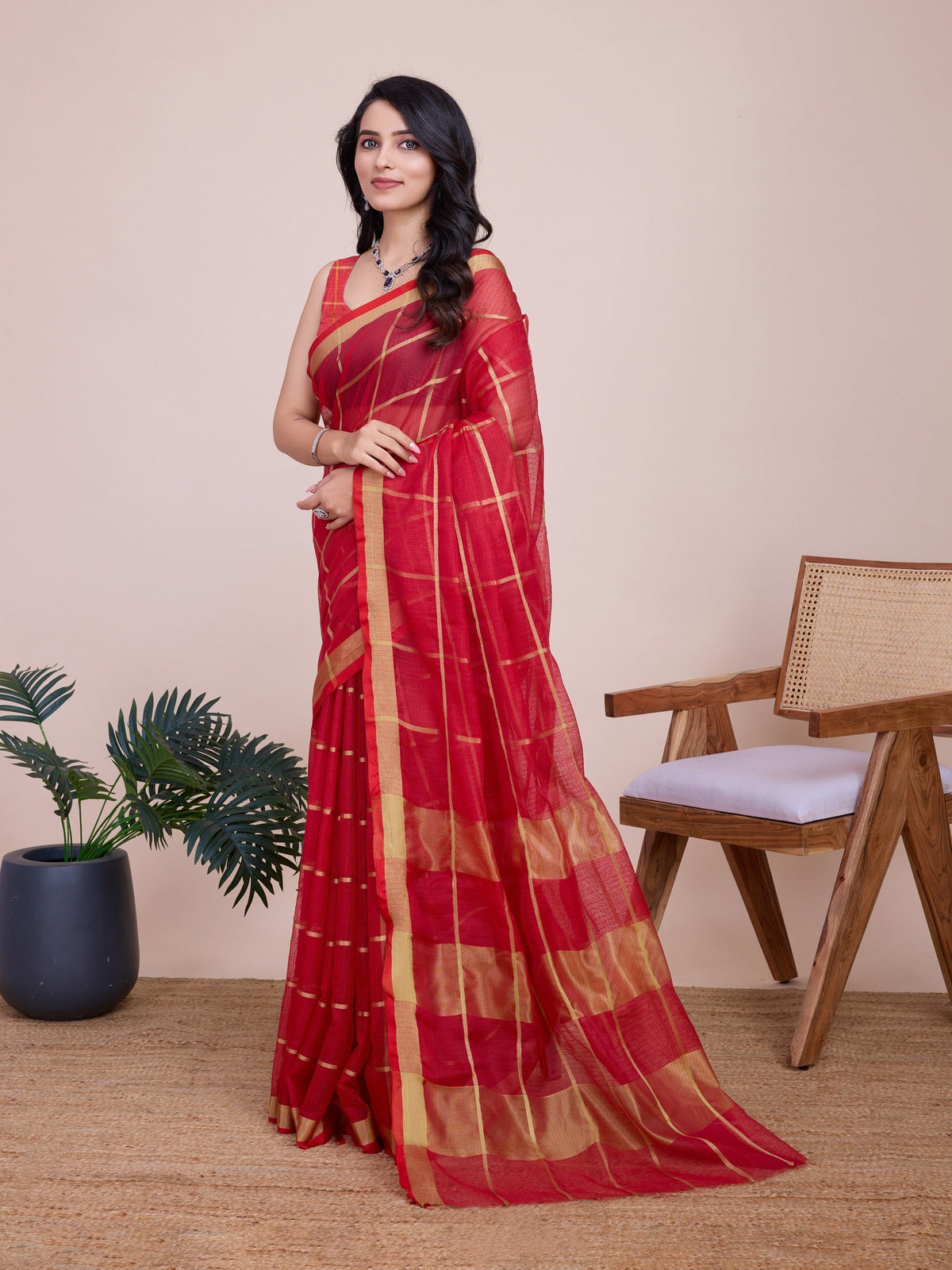 Vedant Vastram Cotton Silk Jacquard Fancy Saree - Red | Grocsy